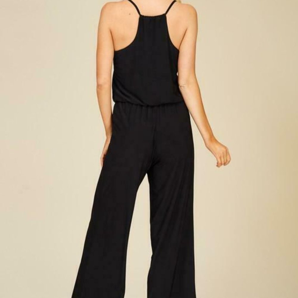 Women's Black Elastic Waist Jumpsuit - with Pocket - Picture 6 of 7